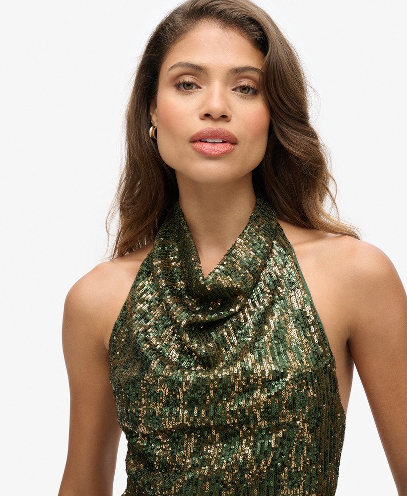 haltertop met watervalhals en pailletten in groen en goud.
