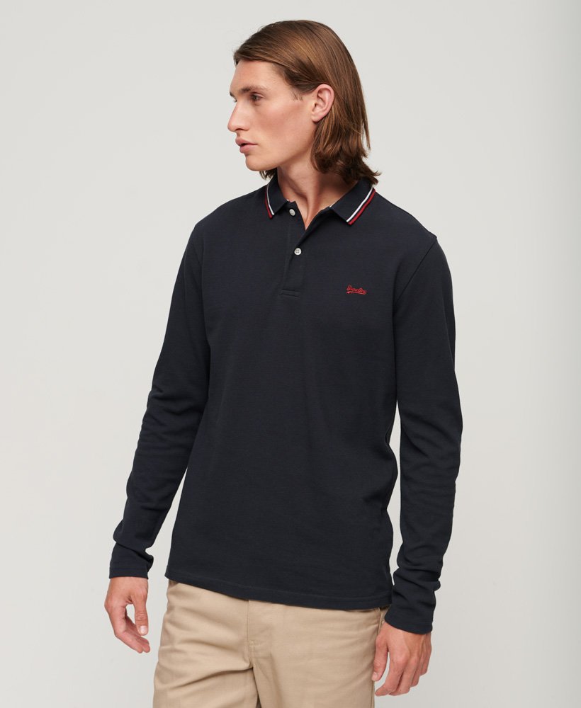 vintage poloshirt met lange mouwen en bies in naturelkleur.