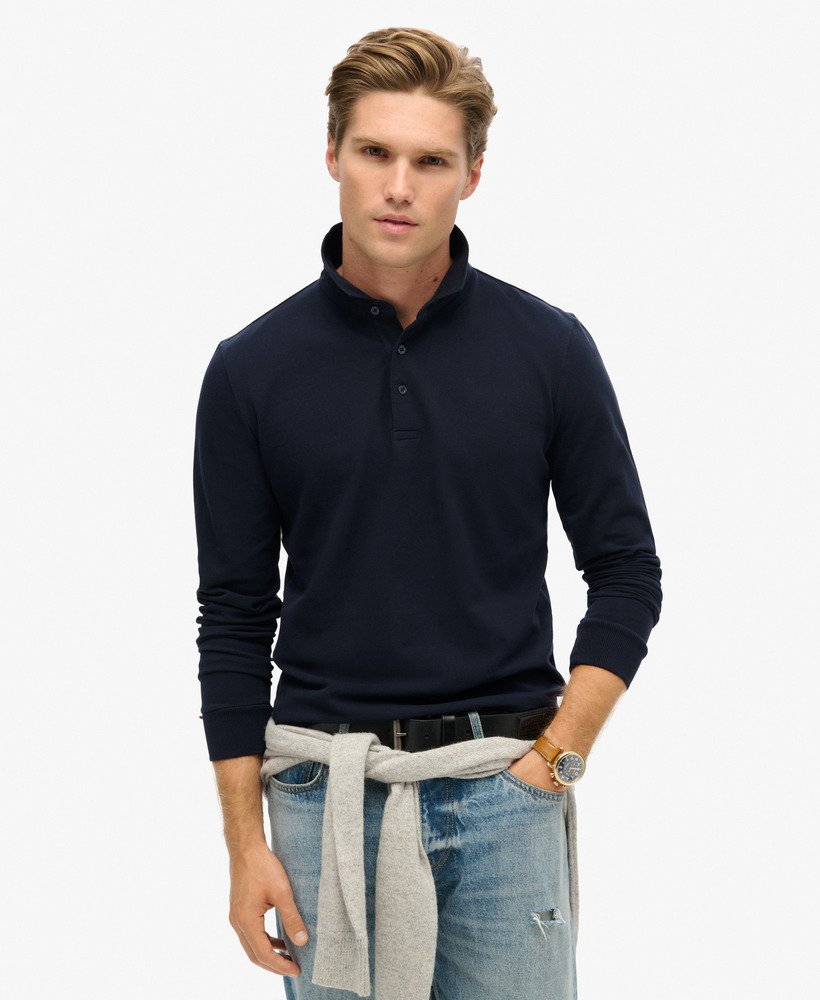 polo shirt met lange mouwen van katoenpiqué in eclipse navy