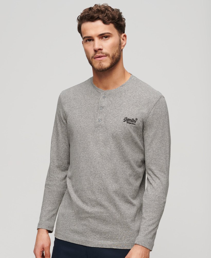 vintage top met geborduurd logo en halve knoopsluiting in donkergrijs gemêleerd.