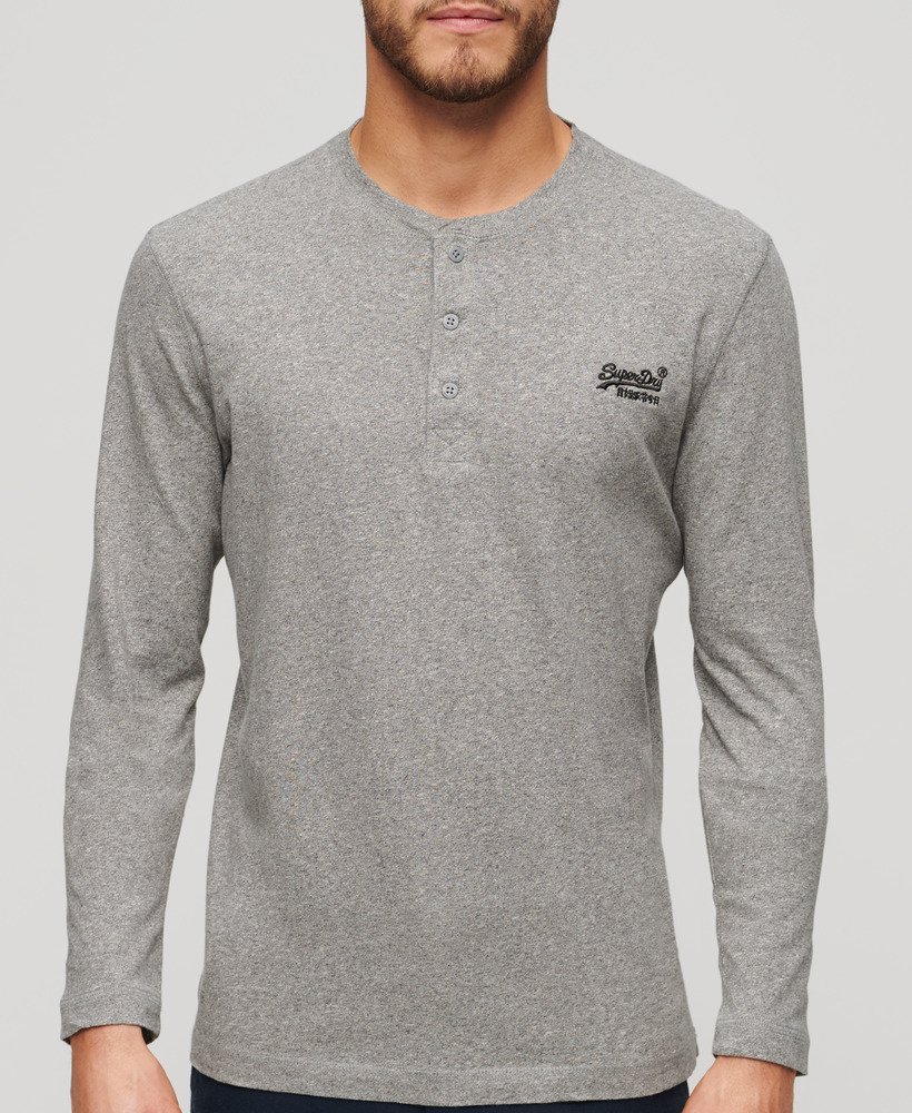 vintage top met geborduurd logo en halve knoopsluiting in donkergrijs gemêleerd.