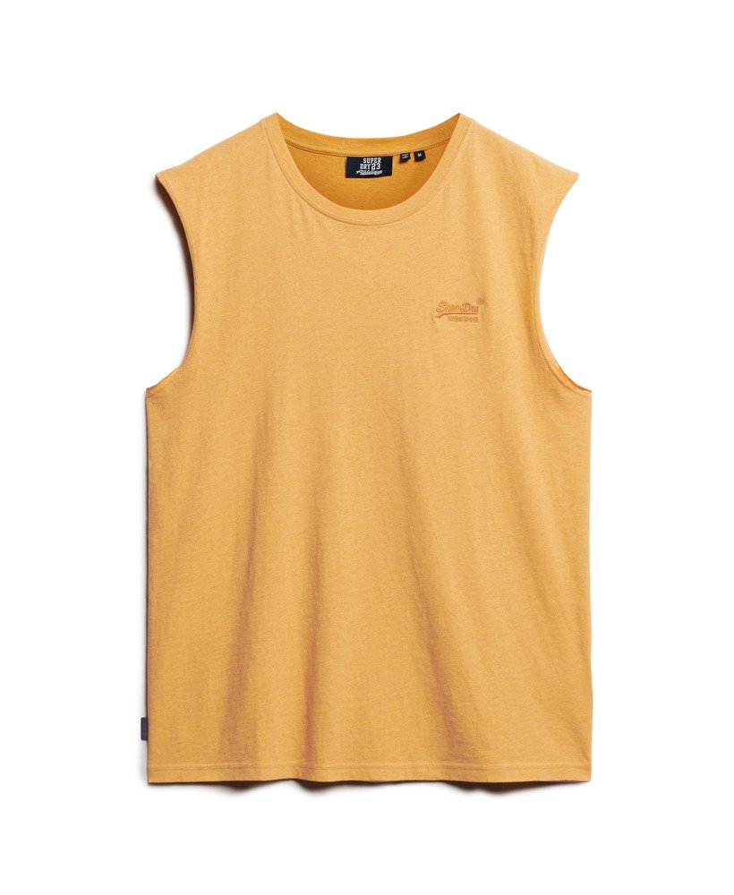 tanktop met essential logo van biologisch katoen in okergeel gemêleerd