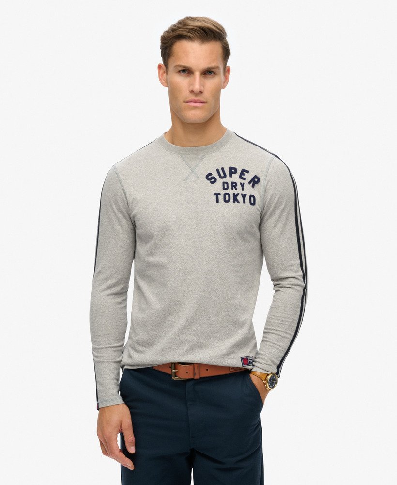 vintage sportieve top met lange mouwen en strepen in vintage sweatstof lichtgrijs gemêleerd.