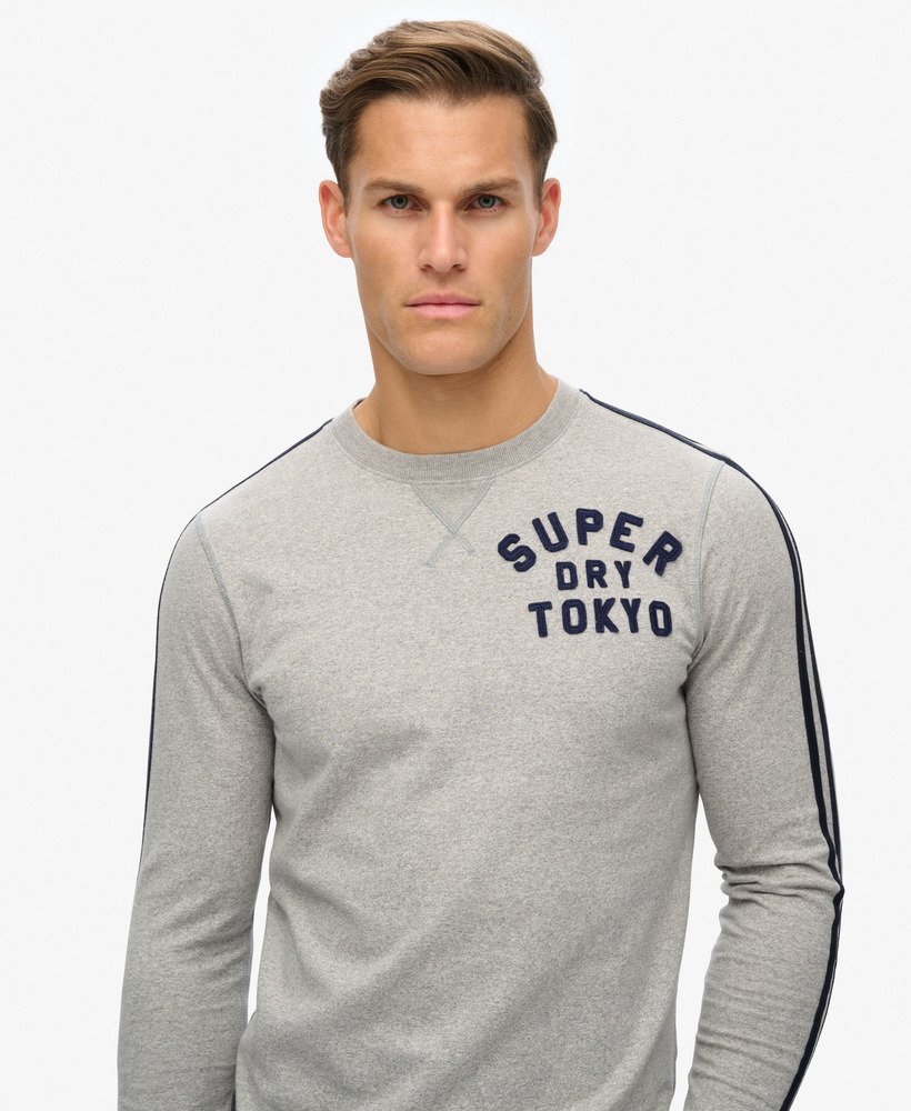 vintage sportieve top met lange mouwen en strepen in vintage sweatstof lichtgrijs gemêleerd.