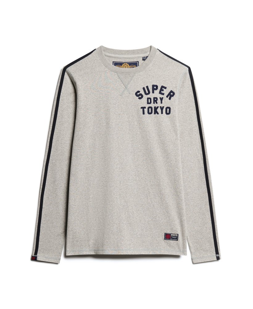 vintage sportieve top met lange mouwen en strepen in vintage sweatstof lichtgrijs gemêleerd.