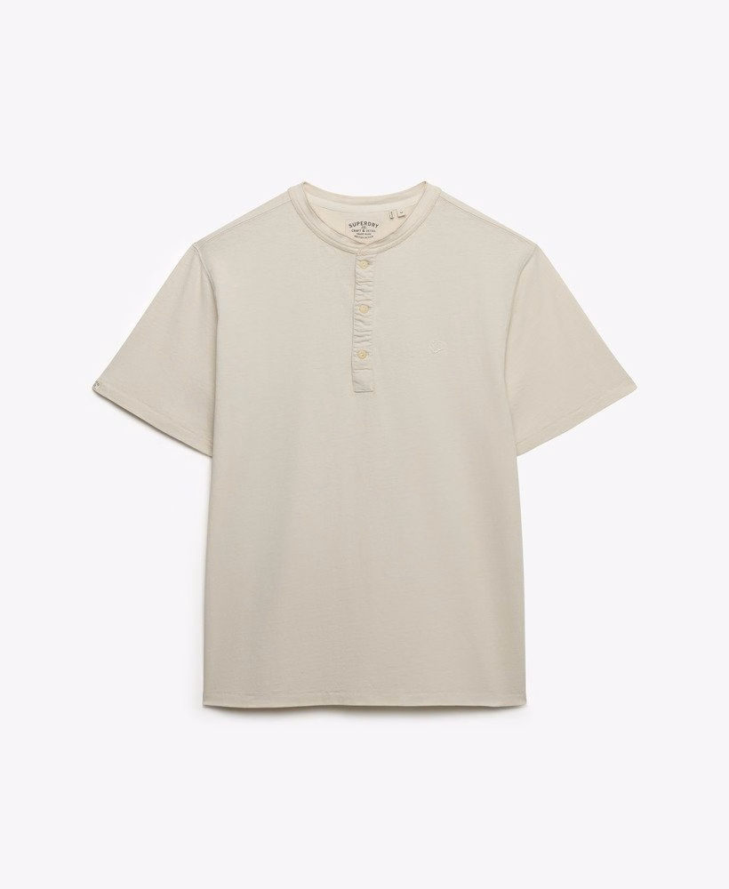 Klassiek T-shirt met korte mouwen van katoen en linnen in Henley-stijl.