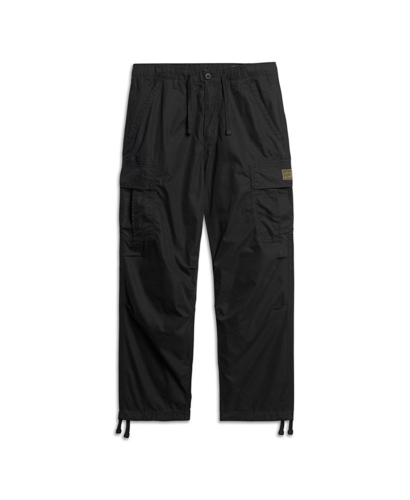 biologische katoenen vintage cargobroek met parachuteprint in gitzwart.