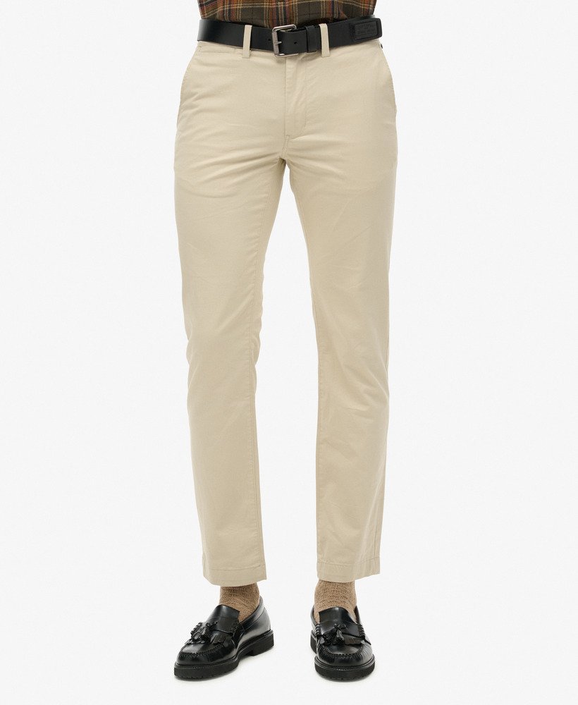 slim fit taps toelopende stretch chino broek in pelican beige