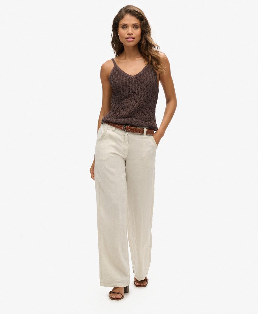 linnen broek met lage taille in licht steenbeige