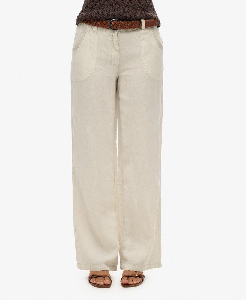 linnen broek met lage taille in licht steenbeige