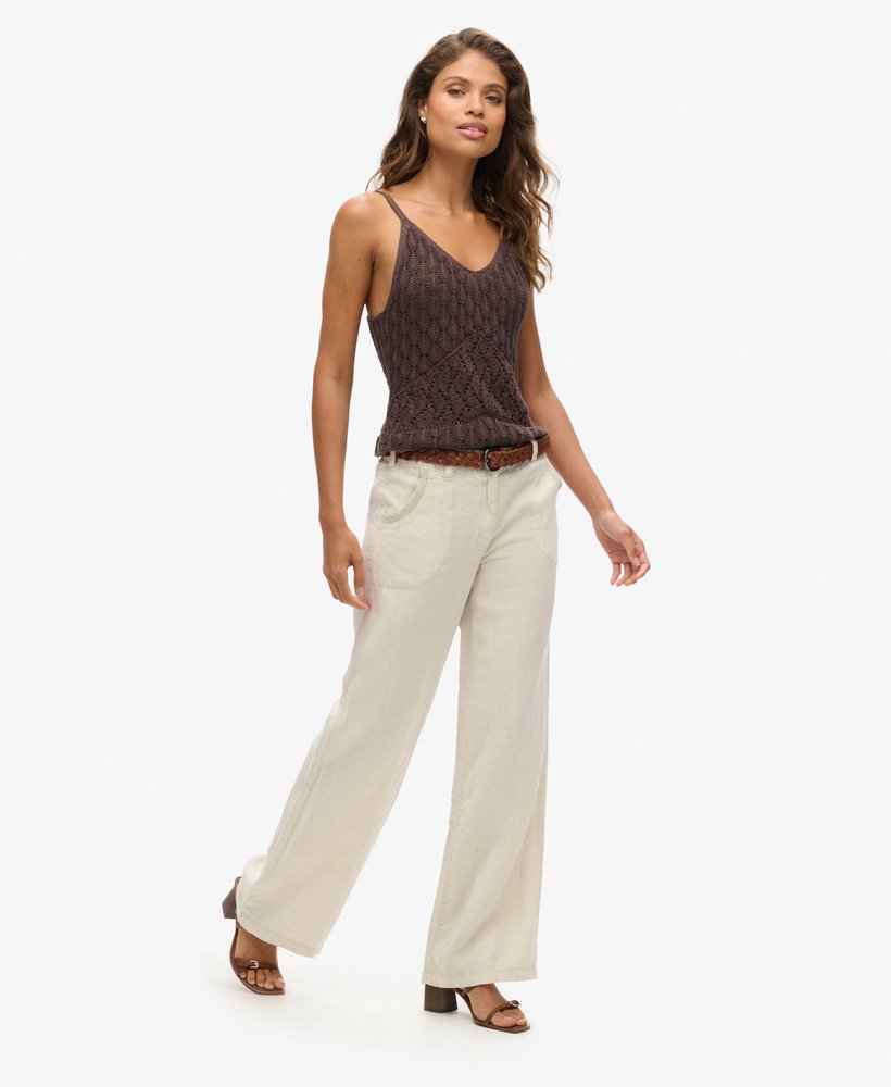 linnen broek met lage taille in licht steenbeige
