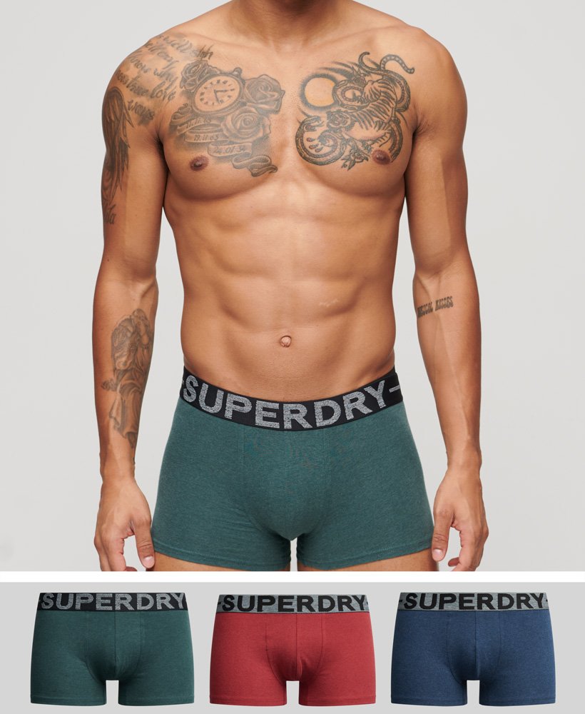 biologische katoenen boxershorts driepack in donker indigoblauw gemêleerdbuckgroen gemêleerdhikerood gemêleerd